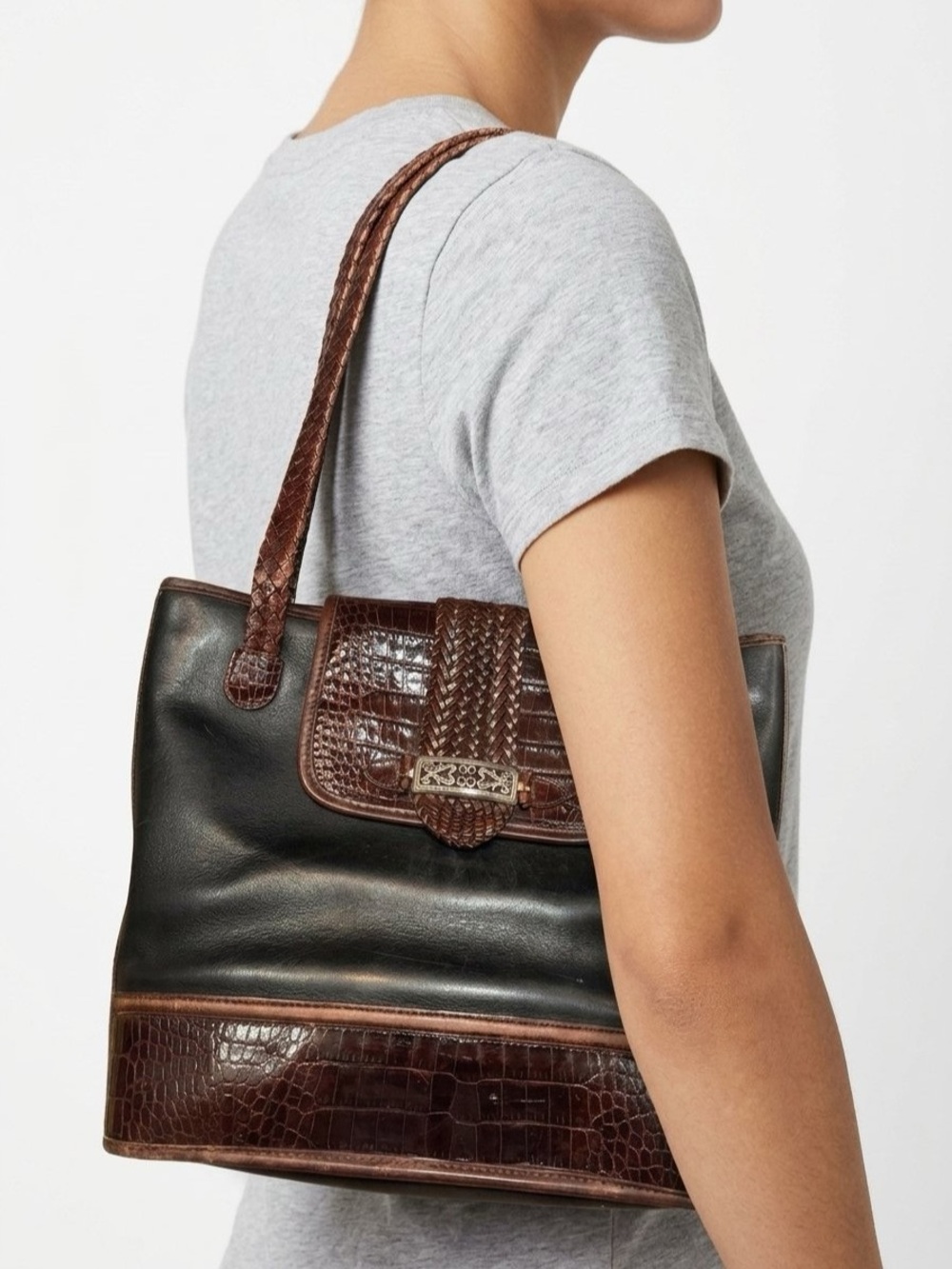 Vintage Brighton Brown Croc-Embossed Black Leather Shoulder Bag Tote - Picture 1 of 10